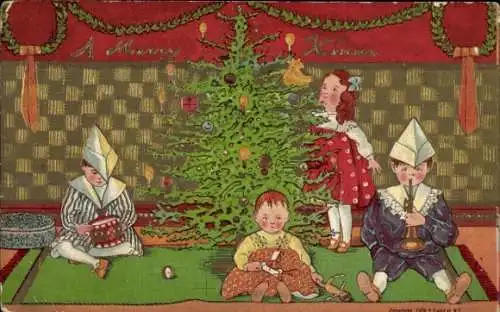 Präge Ak Weihnachten, Kinder am Tannenbaum, Spielzeuge, Musikinstrumente