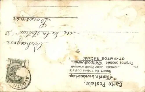 Litho Fröhliches Neujahr, Zwerge auf einem Schlitten, Kleeblatt
