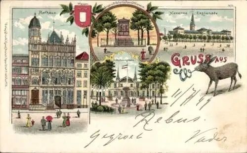 Litho Wesel Niederrhein, Rathaus, Denkmal 11 Schillsche Offiziere, Schützenplatz, Kaserne Esplanade