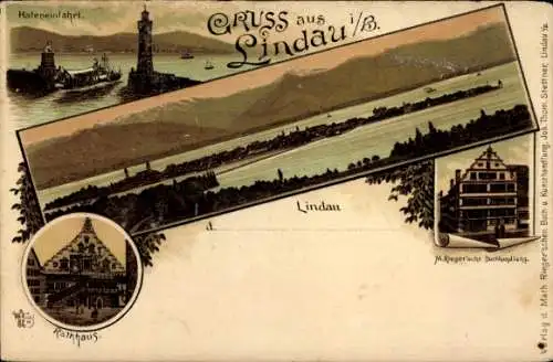 Litho Lindau am Bodensee Schwaben, Gesamtansicht, Hafen, Leuchtturm, Rathaus