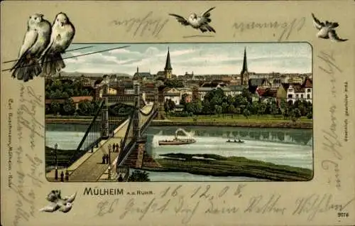 Passepartout Litho Mülheim an der Ruhr, Blick zum Ort, Brücke, Tauben