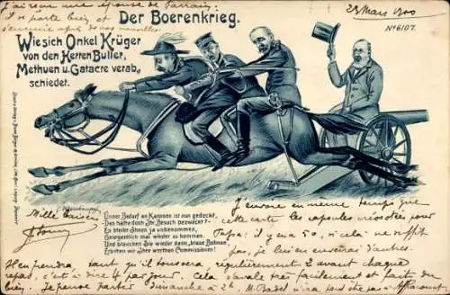 Litho Der Boerenkrieg, Onkel Krüger, Buller, Methuen, Gatacre, Verabschiedung, Karikatur