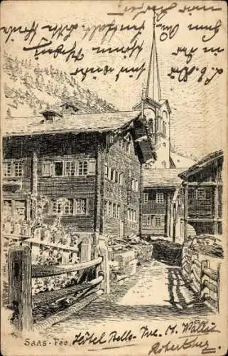 Künstler Ak Saas Saas Fee Kt. Wallis Schweiz, Kirche, Wohnhäuser