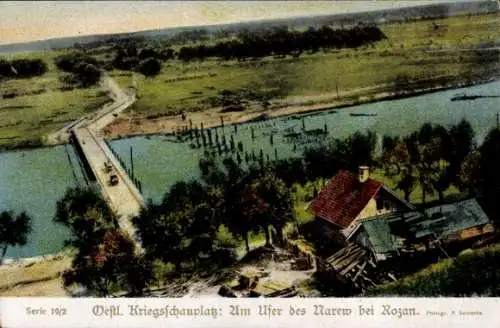 Ak Różan Rozan Ostpreußen, Brücke, am Ufer des Narew, Kriegsschauplatz I. WK