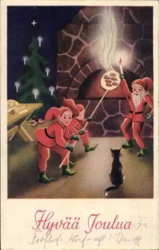 Litho Glückwunsch Weihnachten, Zwerge, Backofen, Tannenbaum, Katze