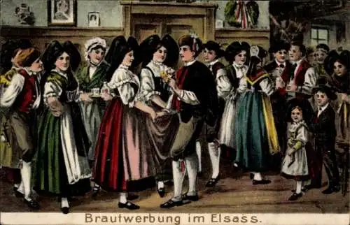 Präge Ak Elsässer Trachten, Brautwerbung im Elsass