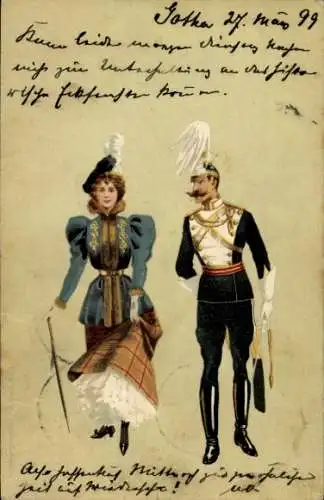 Litho Elegante Dame, Mann in Uniform, Federhelm, Stiefel, Offizier