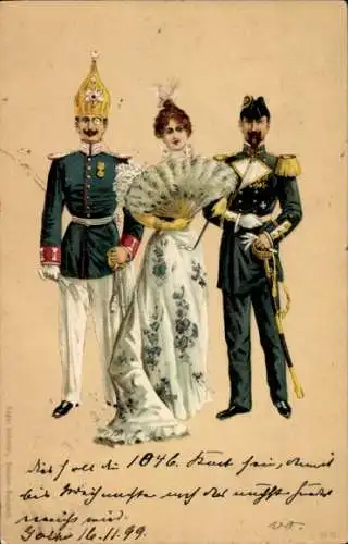 Litho Frau mit zwei Verehrern, Liebe, Männer in Uniformen, Fächer