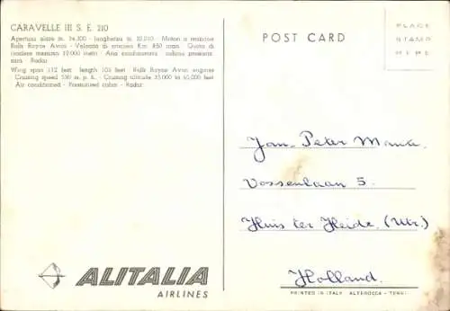 Ak Italienisches Passagierflugzeug Alitalia, Caravelle III S. E. 210