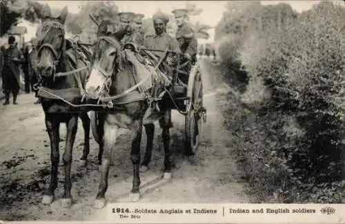 Ak Indische und britische Soldaten, Pferdekarren