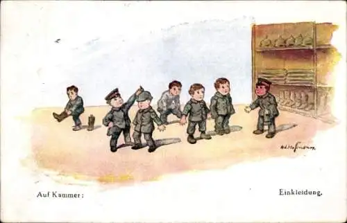 Künstler Ak Hoffmann Ad., Einkleidung, Kinder in Uniform, Auf Kammer