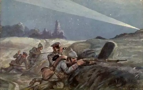 Künstler Ak Kiesslich, Underberg Serie XIV, Verdun 1914, Schützen bei Nacht