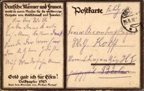 Künstler Ak Kampf, Arthur, Gold gab ich für Eisen, Volksopfer 1813