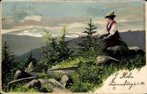 Litho Wandersfrau blickt in die Ferne, Aussicht, Bergkette