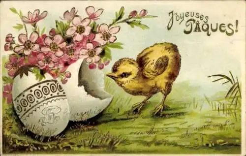 Präge Litho Ostern, Küken schlüpft aus dem Ei