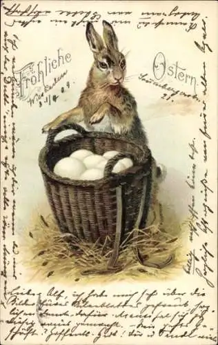 Ak Osterhase, Korb mit Eiern