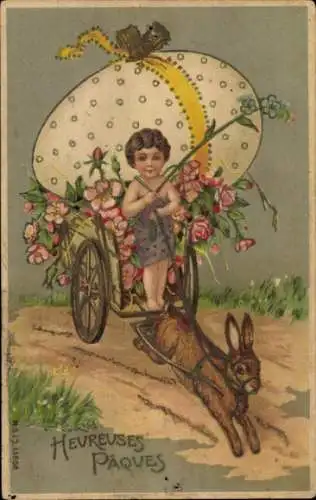 Präge Ak Glückwunsch Ostern, Hase zieht Karre mit Osterei und Mädchen, Blumen