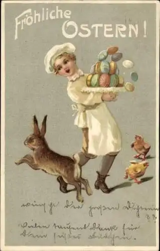 Präge Ak Fröhliche Ostern! Koch trägt Ostereier, Osterhase, Küken