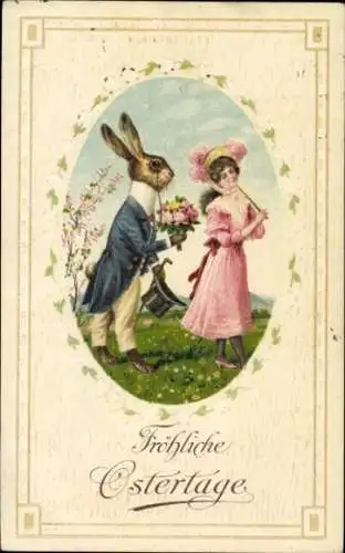 Präge Ak  Osterhase mit Zylinder und Blume, elegante Frau mit Hut und Kleid