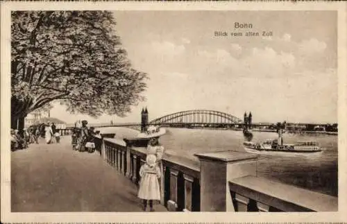 Ak Bonn am Rhein, Blick vom alten Zoll, Brücke, Boot, Promenade