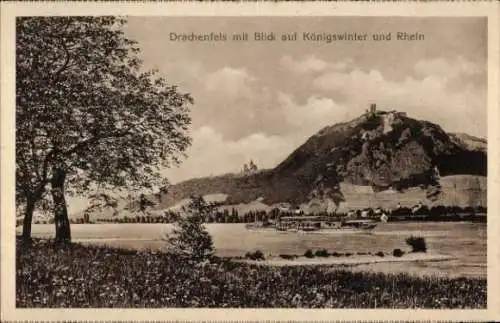 Ak Königswinter am Rhein, Drachenfels, Drachenburg, Boot, Flussufer