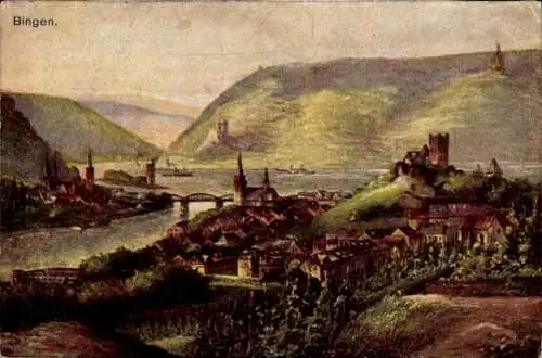 Ak Bingen am Rhein, Panorama, Brücke, Nationaldenkmal, Burg Hopp, Elisenhöhe