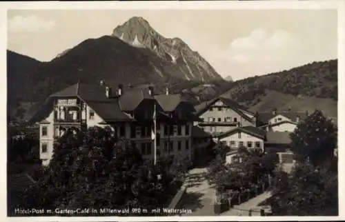 Ak Mittenwald in Oberbayern, Hotel Post, Garten-Cafe, Wetterstein