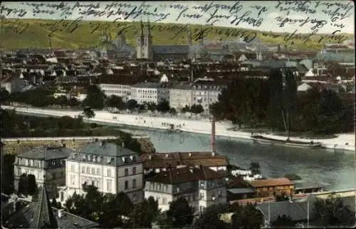 Ak Würzburg am Main Unterfranken, Mainufer, Schornstein, Kirche