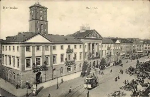 Ak Karlsruhe in Baden, Marktplatz, Straßenbahn