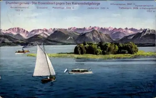 Ak Benediktenwand Oberbayern, Panorama, Starnbergersee, Roseninsel, Karwendelgebirge, Boote