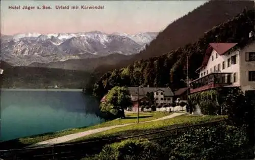 Ak Urfeld Kochel am See Oberbayern, Hotel Jäger am See, Karwendel