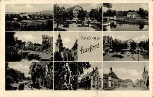 Ak Herford in Westfalen, Gesamtansicht, Kirche, Gebäude, Denkmal, Gewässer, Platz