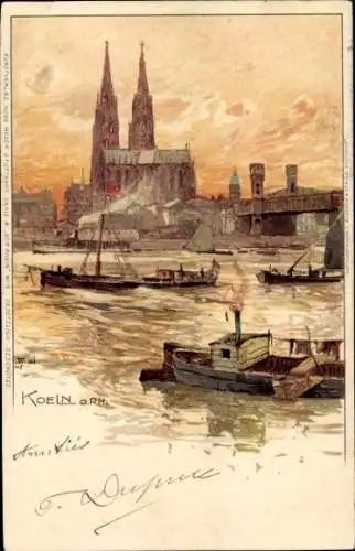 Künstler Litho Wielandt, Manuel, Köln am Rhein, Rheinpartie mit Blick zum Dom