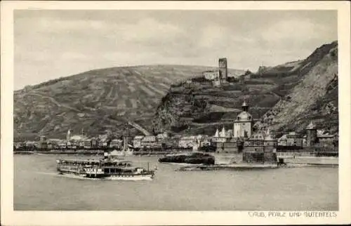 Ak Caub Kaub am Rhein, Pfalz, Gutenfels, Dampfer