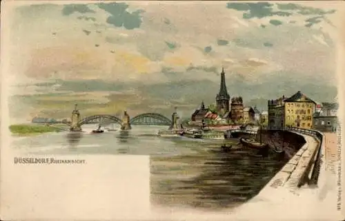 Litho Düsseldorf am Rhein, Rheinbrücke, Teilansicht