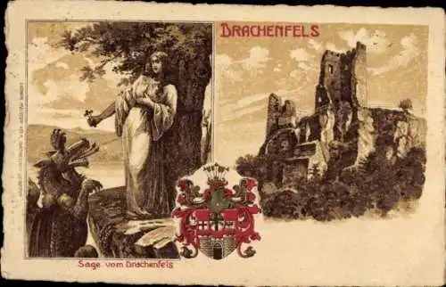 Wappen Künstler Litho Königswinter am Rhein, Drachenfels, Sage