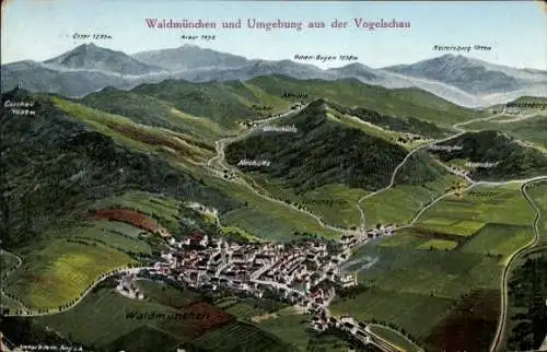 Landkarten Künstler Ak Felle, E., Waldmünchen Oberpfalz, Ulrichsgrün, Osser, Arber, Neuhütte, Pucher