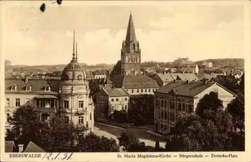 Ak Eberswalde in der Mark, St. Maria Magdalenen Kirche, Bürgerschule, Dreiecksplatz