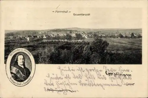 Ak Herrnhut in Sachsen, Gesamtansicht, Gründer Nicolaus Graf von Zinzendorf