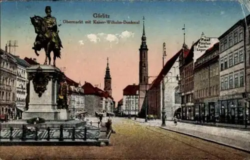 Ak Görlitz in der Lausitz, Blick auf Obermarkt mit Kaiser Wilhelm Denkmal, Paul Finster Tuchlager