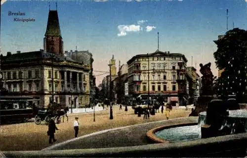 Ak Wrocław Breslau Schlesien, Königsplatz, Bismarckbrunnen, Straßenverkehr