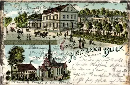 Litho Weißenborn Zwickau in Sachsen, Gasthof Heiterer Blick, Kirche mit Pfarrhaus