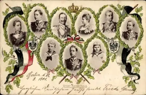 Ak Deutsches Kaiserhaus, Kaiser Wilhelm II, Kaiserin Victoria, Prinzen, Prinzessin, Kronprinz