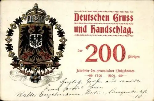 Wappen Litho Deutscher Gruß und Handschlag, 200 Jahre Preußisches Königshaus 1901