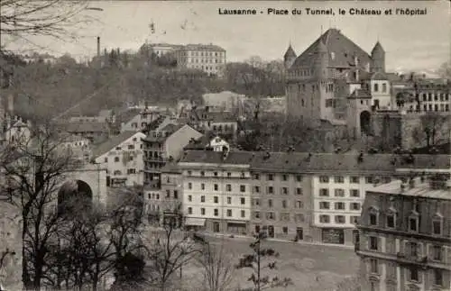 Ak Lausanne Kanton Waadt, Place du Tunnel, Schloss und Krankenhaus