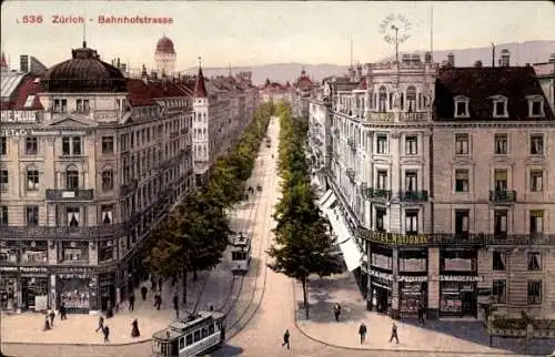 Ak Zürich Stadt Schweiz, Bahnhofstraße, Straßenbahn, Geschäfte