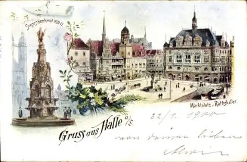 Litho Halle an der Saale, Marktplatz, Ratskeller, Siegesdenkmal