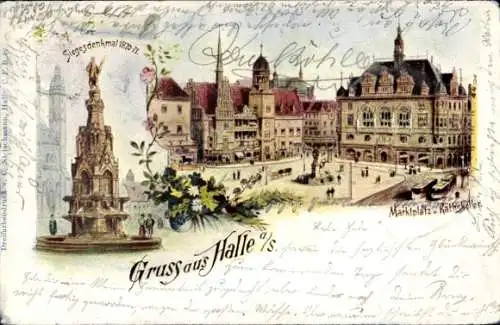 Litho Halle an der Saale, Marktplatz, Ratskeller, Siegesdenkmal