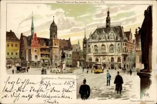 Künstler Litho Halle Saale, Rathaus, Marktplatz, Stadthaus, Roland