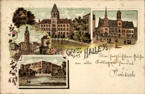 Litho Halle an der Saale, Rathaus, Kaiserliches Postamt, Moritzburg